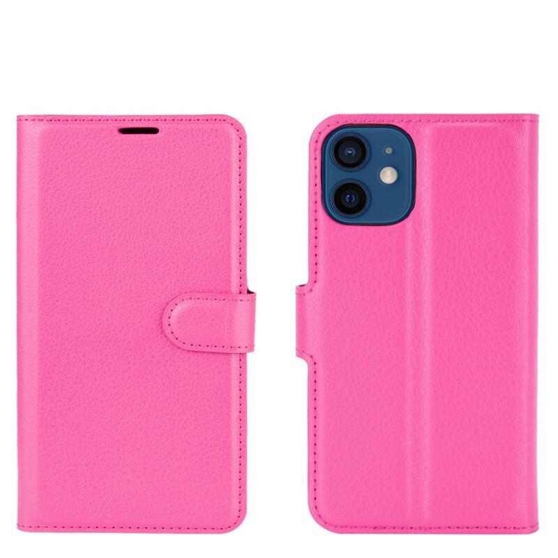 Litchi PU bőr pénztárca tok iPhone 12 mini 5.4 - rózsa