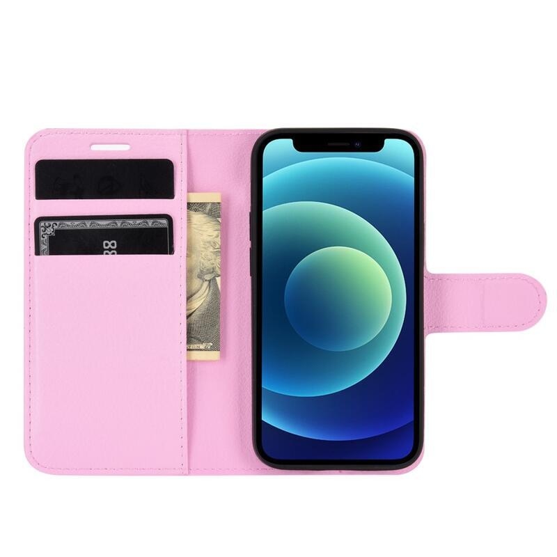 Litchi PU bőr pénztárca tok iPhone 12 mini 5.4 - rózsaszín