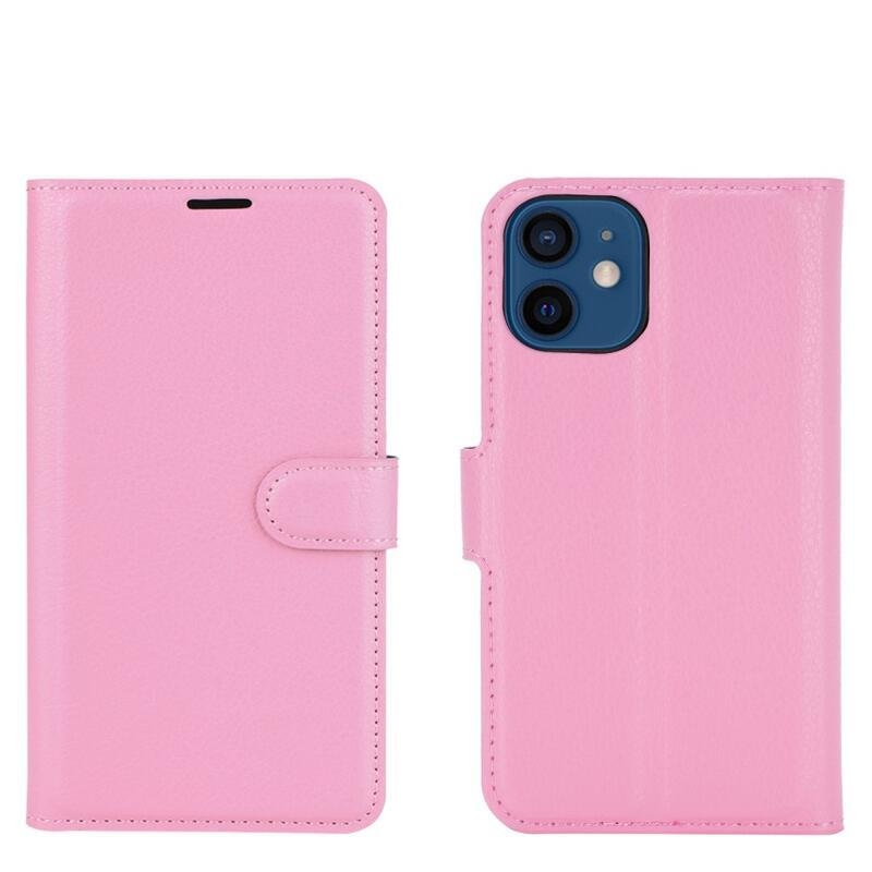 Litchi PU bőr pénztárca tok iPhone 12 mini 5.4 - rózsaszín