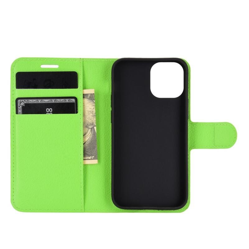 Litchi PU bőr pénztárca tok iPhone 12 mini 5.4 készülékhez - zöld