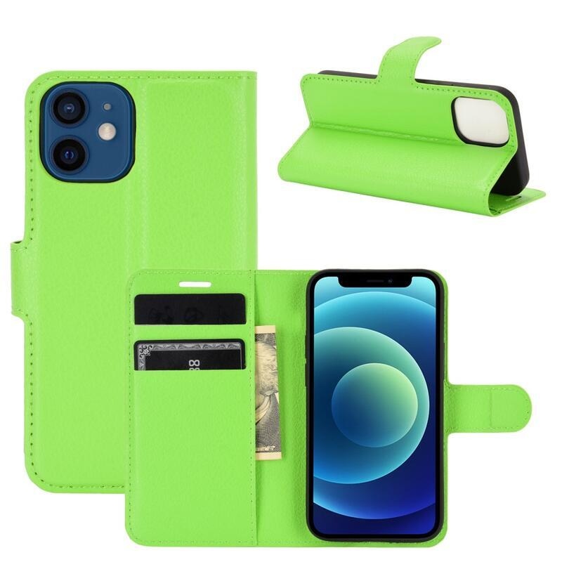 Litchi PU bőr pénztárca tok iPhone 12 mini 5.4 készülékhez - zöld