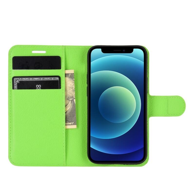 Litchi PU bőr pénztárca tok iPhone 12 mini 5.4 készülékhez - zöld