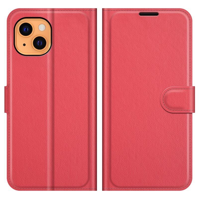 Litchi PU bőr pénztárca tok iPhone 13 6.1 készülékhez - piros