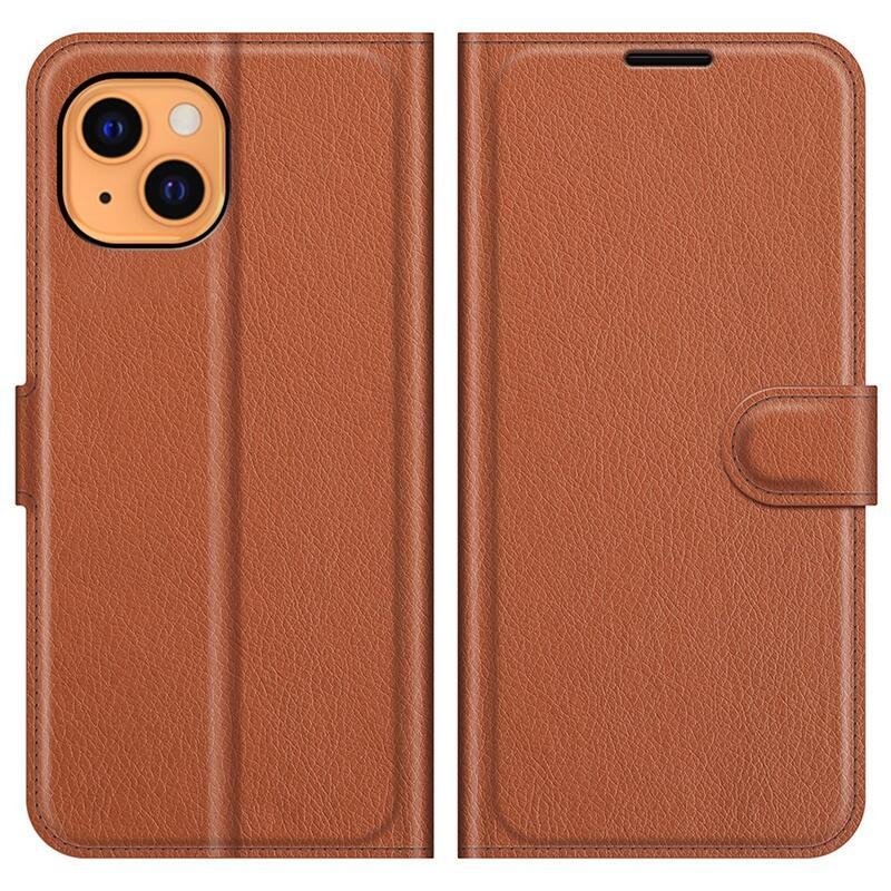 Litchi PU bőr pénztárca tok iPhone 13 6.1 készülékhez - barna