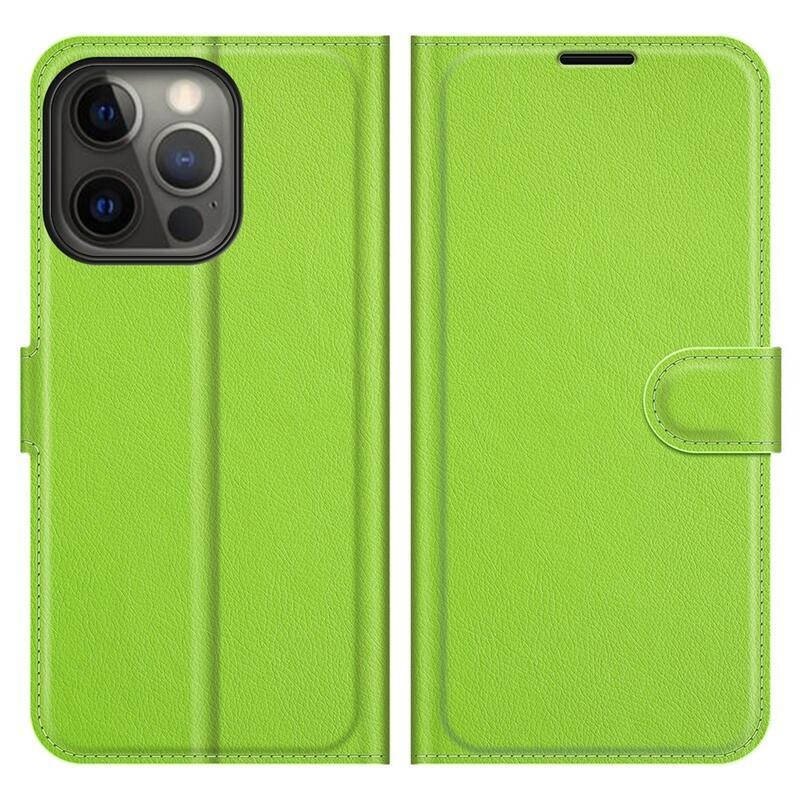 Litchi PU bőr pénztárca tok iPhone 13 Pro 6.1 készülékhez - zöld