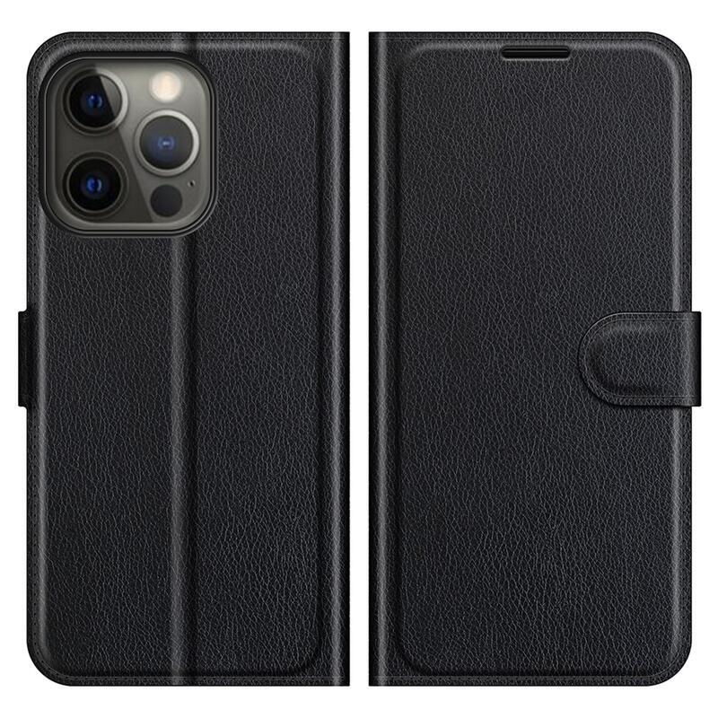 Litchi PU bőr pénztárca tok iPhone 13 Pro Max 6.7 készülékhez - fekete