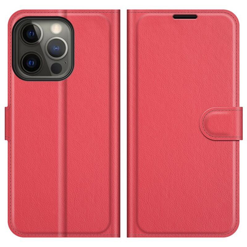 Litchi PU bőr pénztárca tok iPhone 13 Pro Max 6.7 készülékhez - piros
