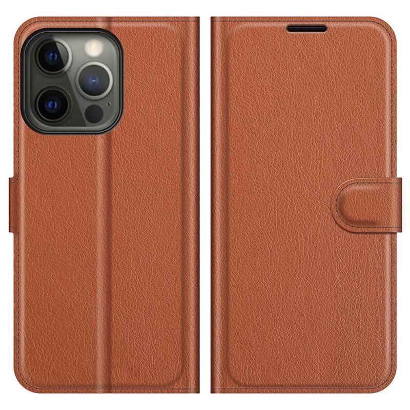 Litchi PU bőr pénztárca tok iPhone 13 Pro Max 6.7 készülékhez - barna