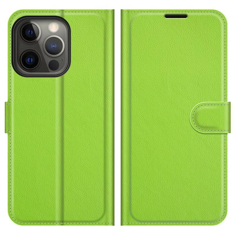 Litchi PU bőr pénztárca tok iPhone 13 Pro Max 6.7 készülékhez - zöld