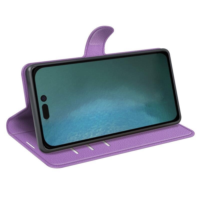 Litchi PU bőr pénztárca tok iPhone 14 6.1 készülékhez - lila