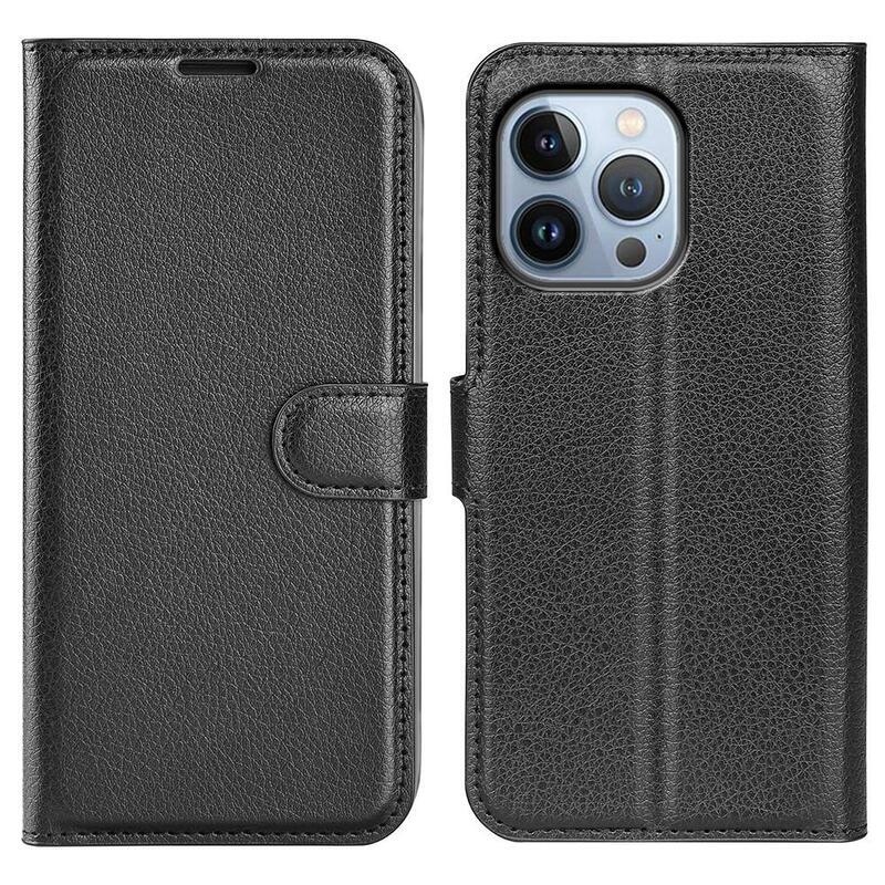 Litchi PU bőr pénztárca tok iPhone 14 Pro 6.1 készülékhez - fekete