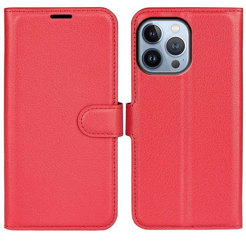 Litchi PU bőr pénztárca tok iPhone 14 Pro 6.1 készülékhez - piros