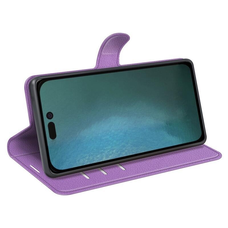 Litchi PU bőr pénztárca tok iPhone 14 Pro 6.1 készülékhez - lila