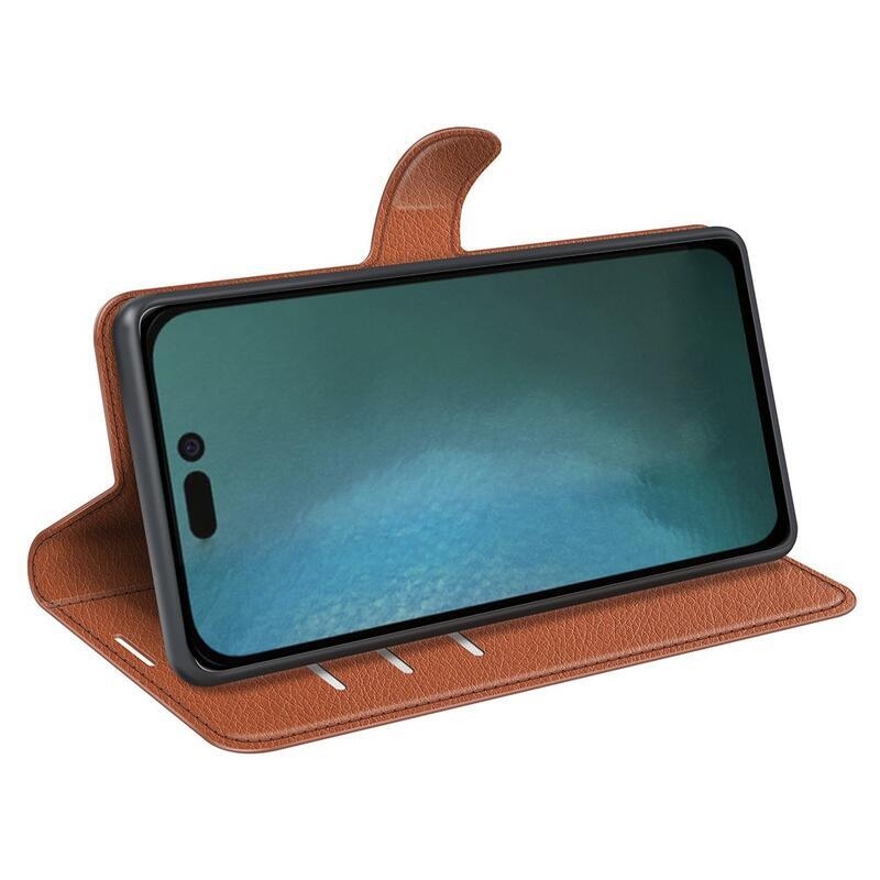 Litchi PU bőr pénztárca tok iPhone 14 Pro 6.1 készülékhez - barna