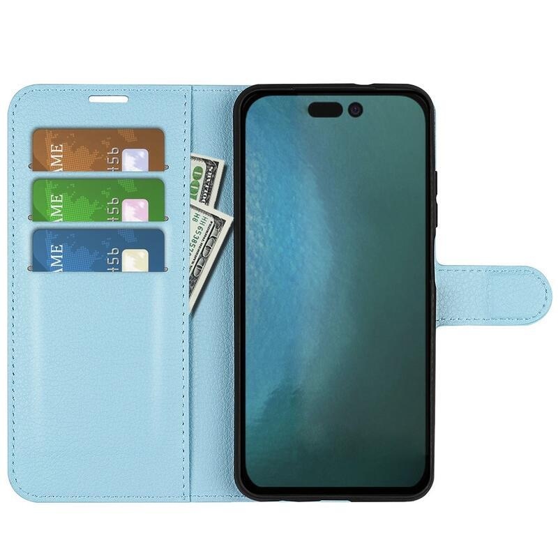 Litchi PU bőr pénztárca tok iPhone 14 Pro 6.1 készülékhez - kék