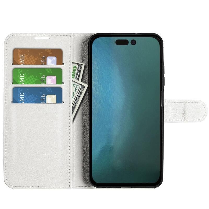 Litchi PU bőr pénztárca tok iPhone 14 Pro Max 6.7 készülékhez - fehér