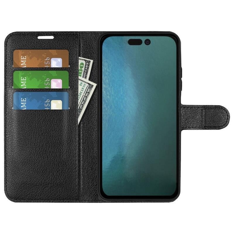Litchi PU bőr pénztárca tok iPhone 14 Pro Max 6.7 készülékhez - fekete