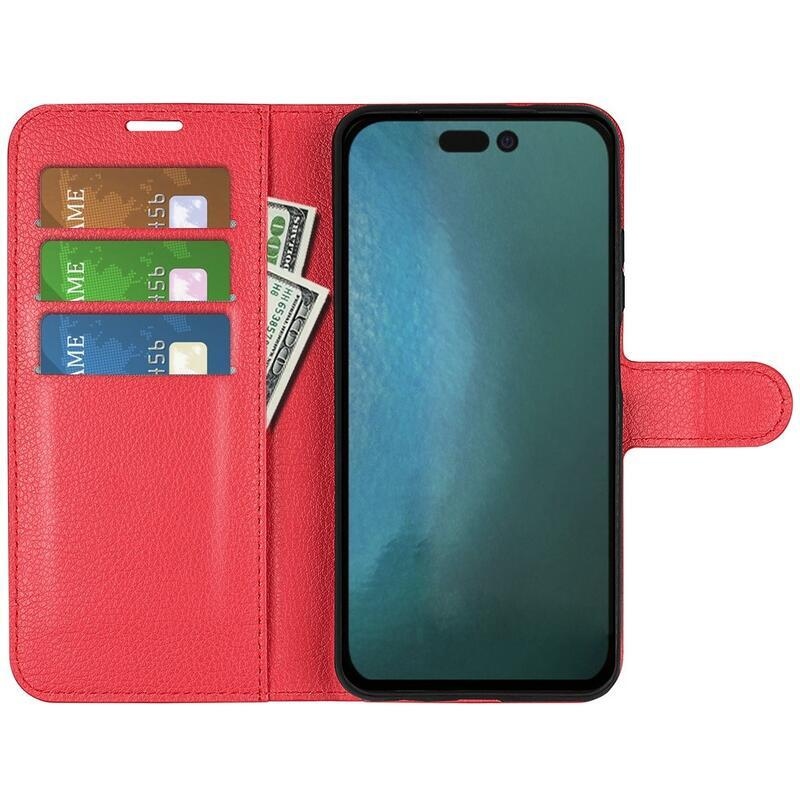Litchi PU bőr pénztárca tok iPhone 14 Pro Max 6.7 készülékhez - piros