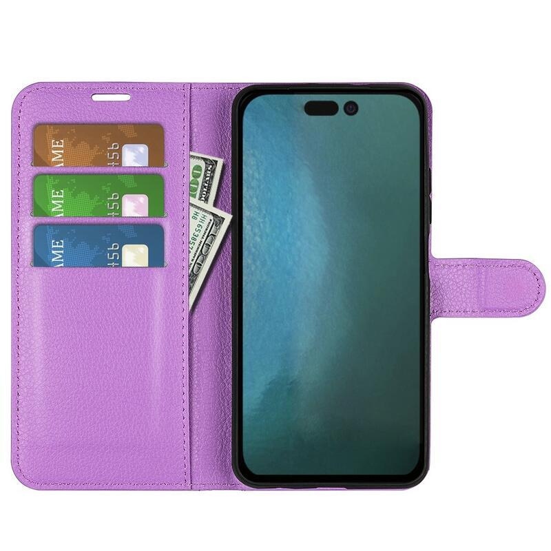 Litchi PU bőr pénztárca tok iPhone 14 Pro Max 6.7 készülékhez - lila