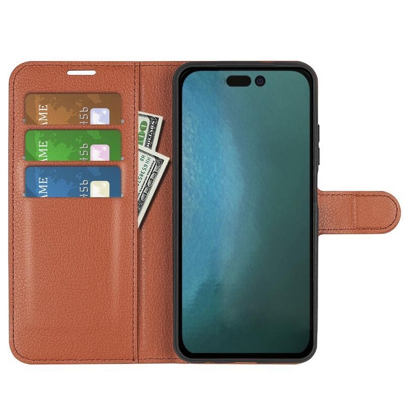 Litchi PU bőr pénztárca tok iPhone 14 Pro Max 6.7 készülékhez - barna