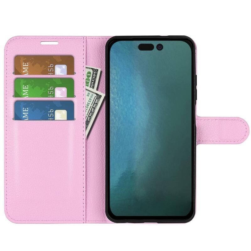 Litchi PU bőr pénztárca tok iPhone 14 Pro Max 6.7 készülékhez - rózsaszín