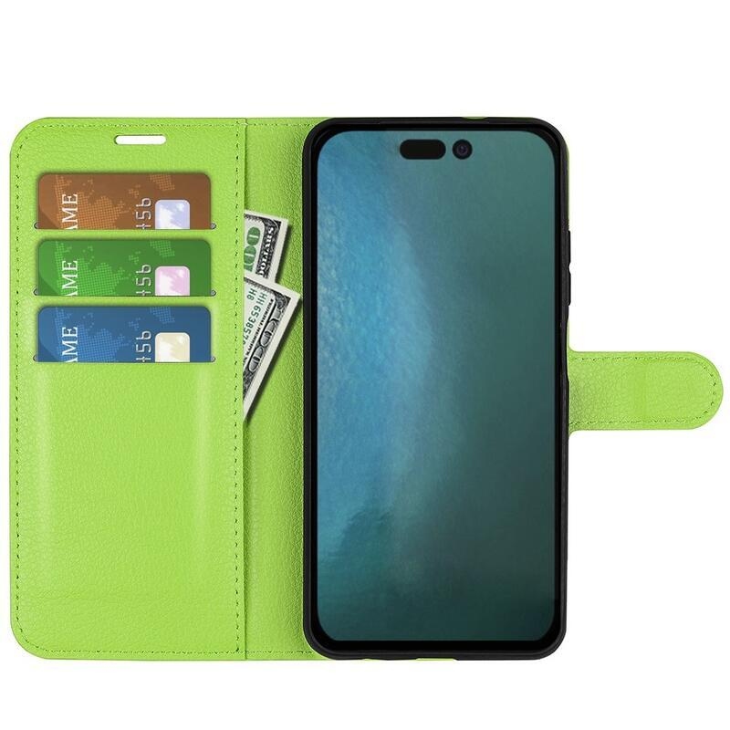 Litchi PU bőr pénztárca tok iPhone 14 Pro Max 6.7 készülékhez - zöld