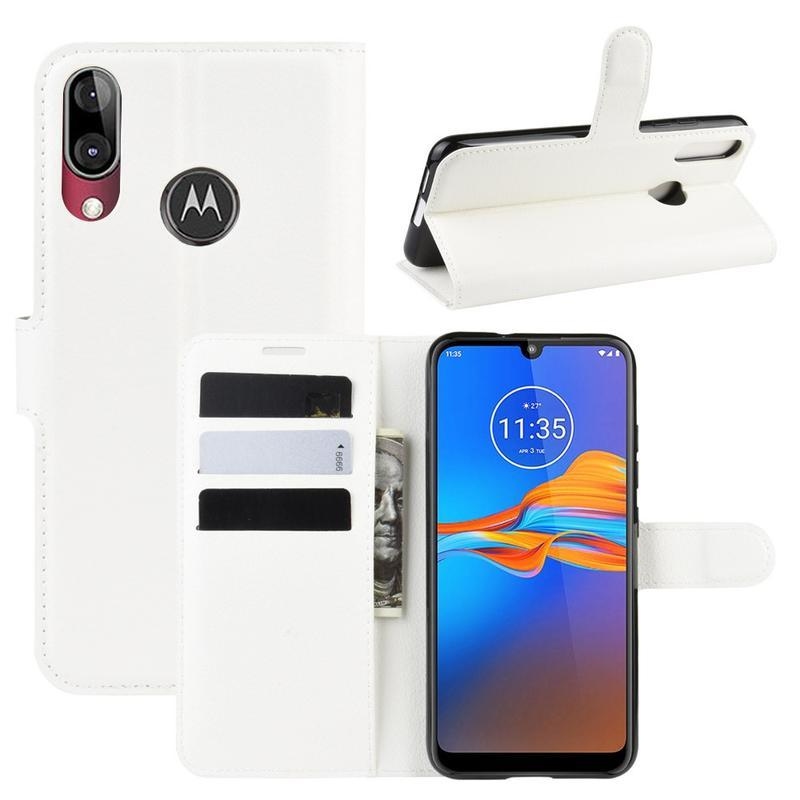 Litchi PU bőr pénztárca tok Motorola Moto E6 Plus-hoz - fehér