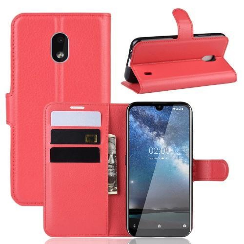 Litchi PU bőr pénztárca tok Nokia 2.2 mobiltelefonhoz - piros