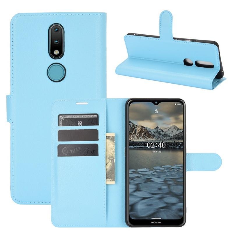 Litchi PU bőr pénztárca tok Nokia 2.4 készülékhez - kék