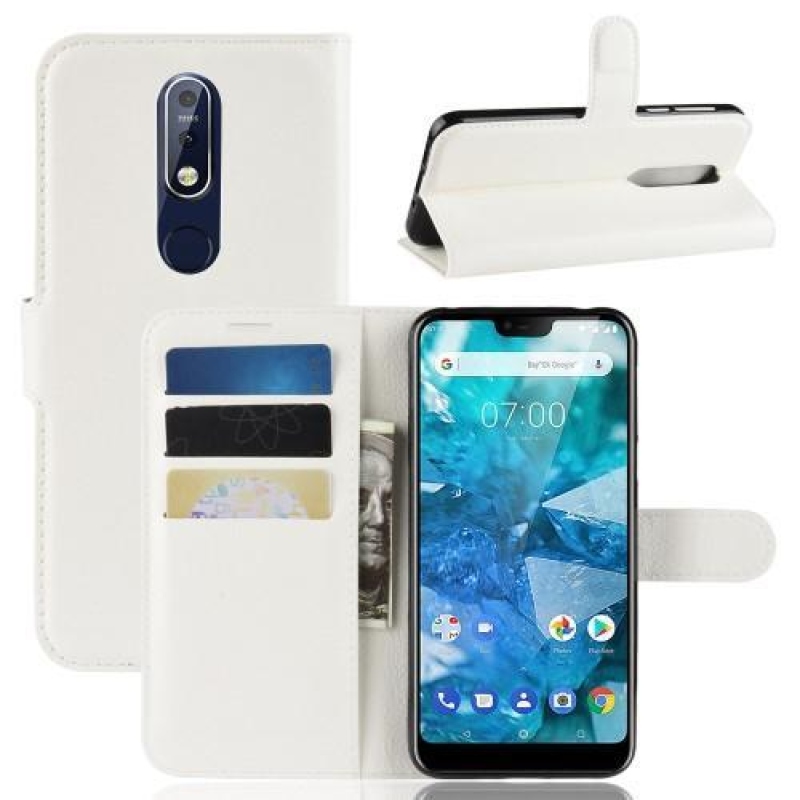Litchi PU bőr pénztárca tok Nokia 7.1 készülékhez - fehér