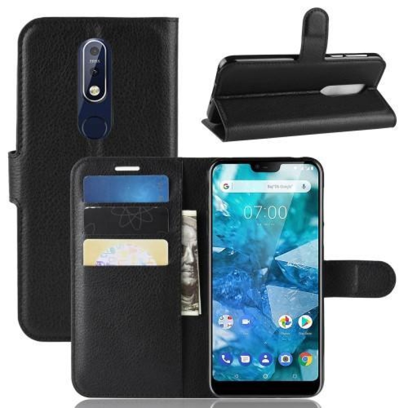 Litchi PU bőr pénztárca tok Nokia 7.1 készülékhez - fekete