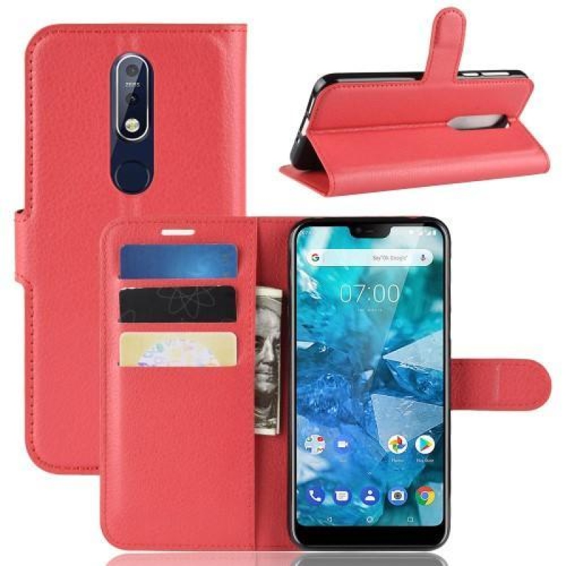 Litchi PU bőr pénztárca tok Nokia 7.1 készülékhez - piros