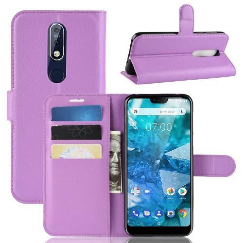 Litchi PU bőr pénztárca tok Nokia 7.1 készülékhez - lila