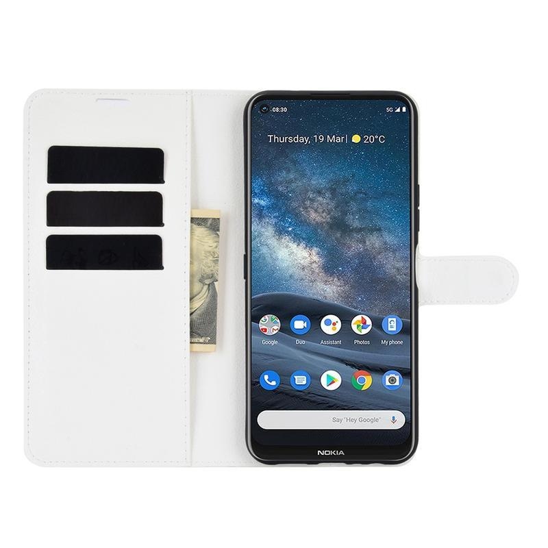 Litchi PU bőr pénztárca tok Nokia 8.3 5G mobiltelefonhoz - fehér