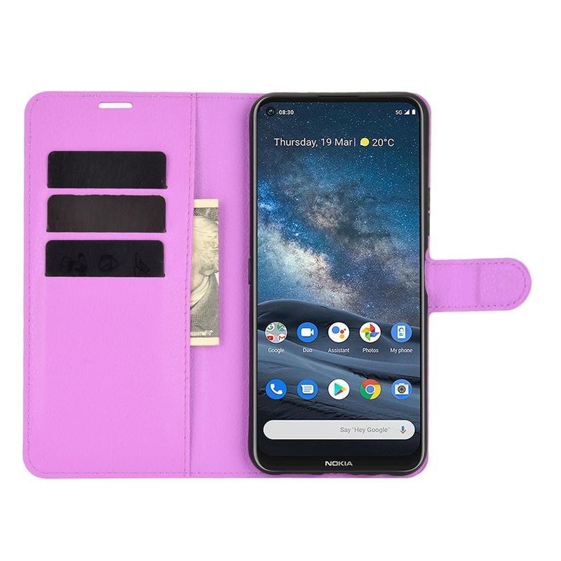 Litchi PU bőr pénztárca tok Nokia 8.3 5G-hez - lila