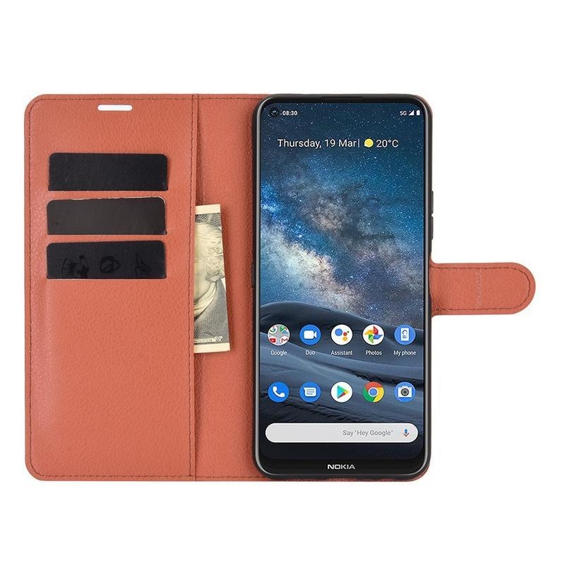 Litchi PU bőr pénztárca tok Nokia 8.3 5G-hez - barna
