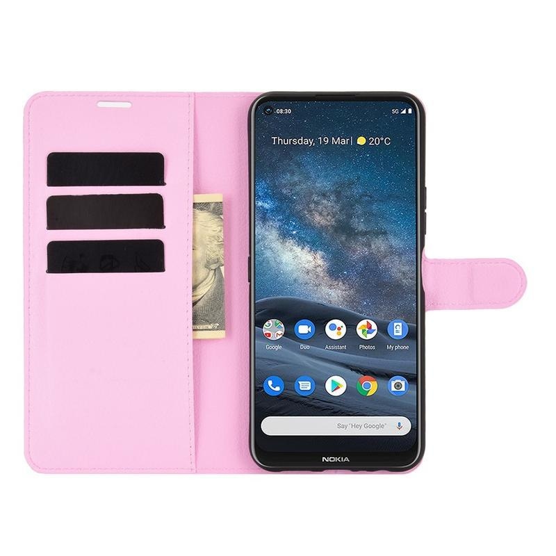 Litchi PU bőr pénztárca tok Nokia 8.3 5G mobiltelefonhoz - rózsaszín