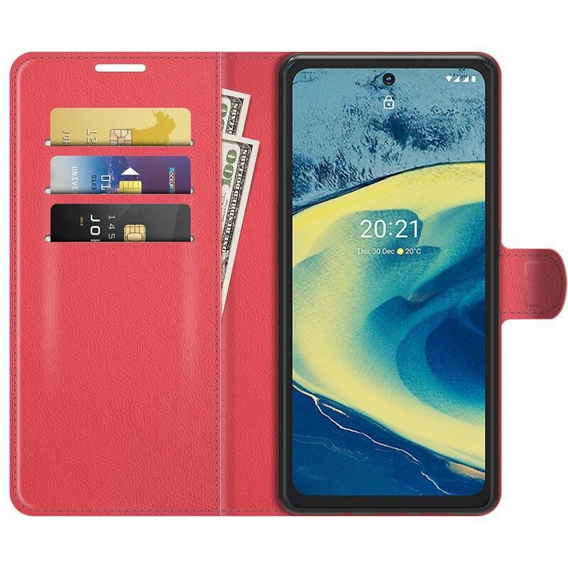Litchi PU bőr pénztárca tok Nokia XR20-hoz - piros