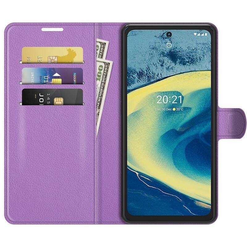 Litchi PU bőr pénztárca tok Nokia XR20 készülékhez - lila