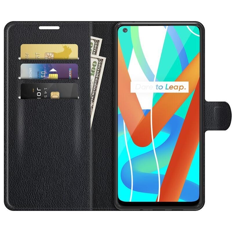 Litchi PU bőr pénztárca tok a Realme 8 5G-hez - fekete