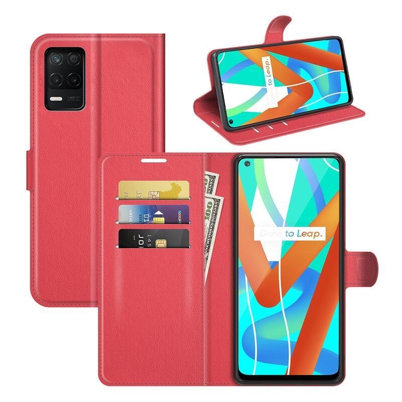 Litchi PU bőr pénztárca tok a Realme 8 5G-hez - piros
