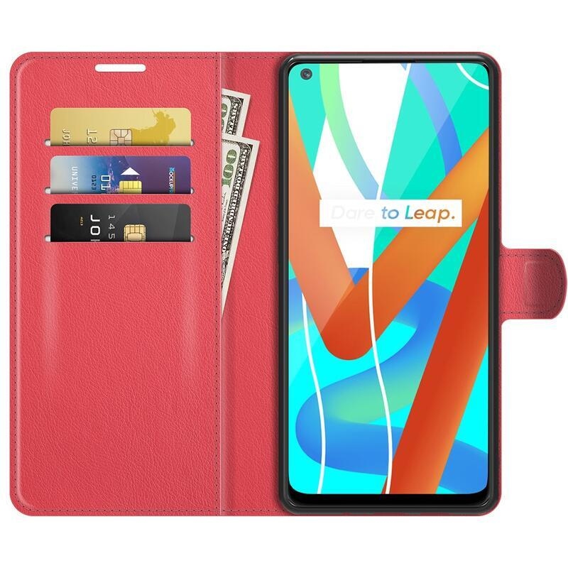 Litchi PU bőr pénztárca tok a Realme 8 5G-hez - piros