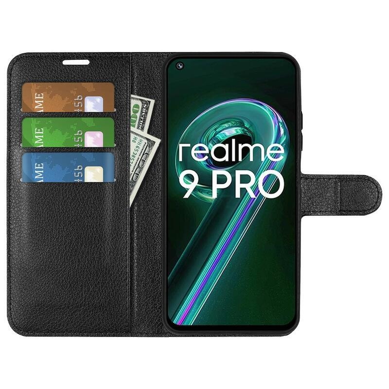 Litchi PU bőr pénztárca tok a Realme 9 Pro 5G számára - fekete
