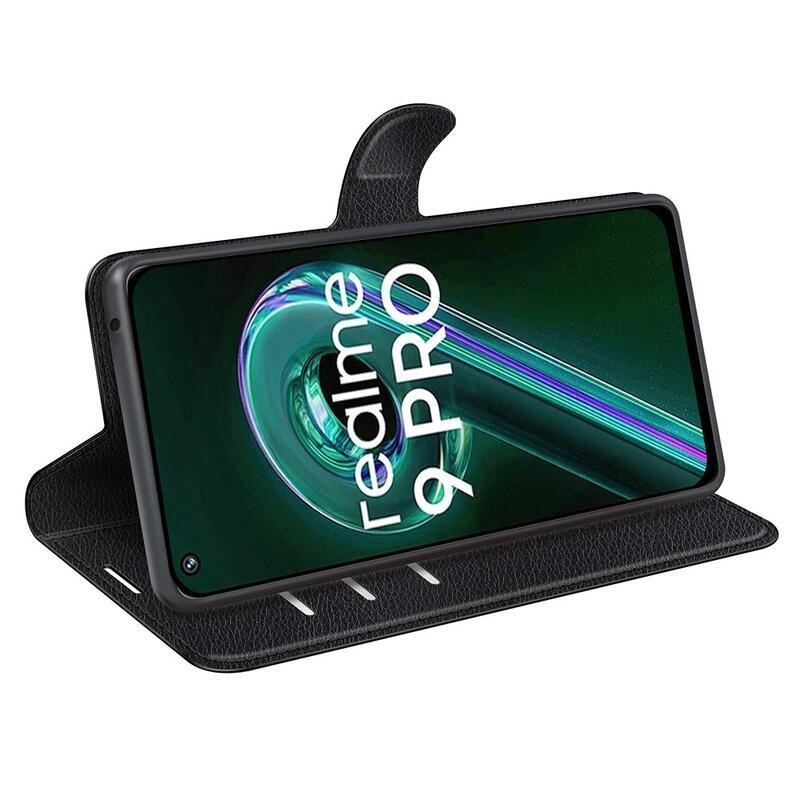 Litchi PU bőr pénztárca tok a Realme 9 Pro 5G számára - fekete