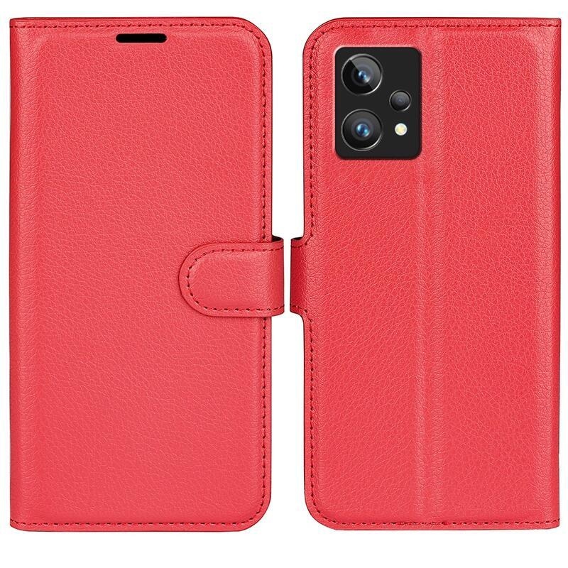 Litchi PU bőr pénztárca tok a Realme 9 Pro+ 5G számára - piros