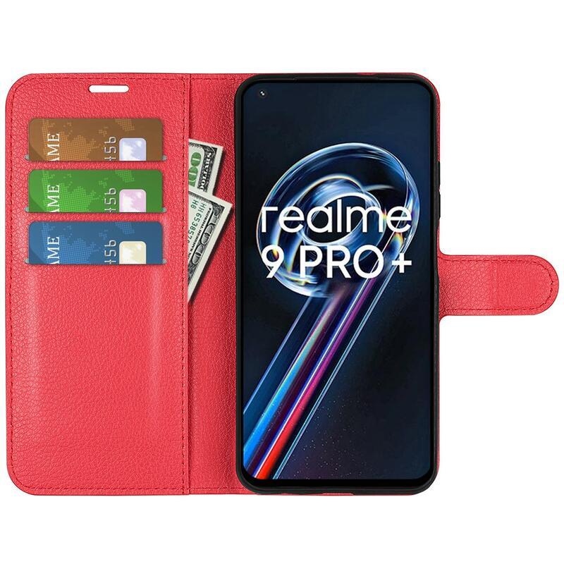 Litchi PU bőr pénztárca tok a Realme 9 Pro+ 5G számára - piros