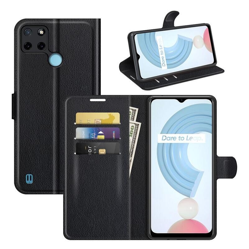 Litchi PU bőr pénztárca tok mobiltelefonhoz Realme C21Y/C25Y - fekete