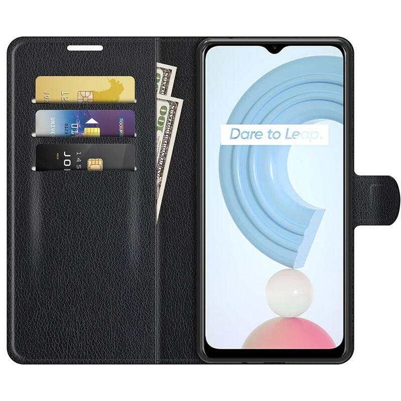Litchi PU bőr pénztárca tok mobiltelefonhoz Realme C21Y/C25Y - fekete