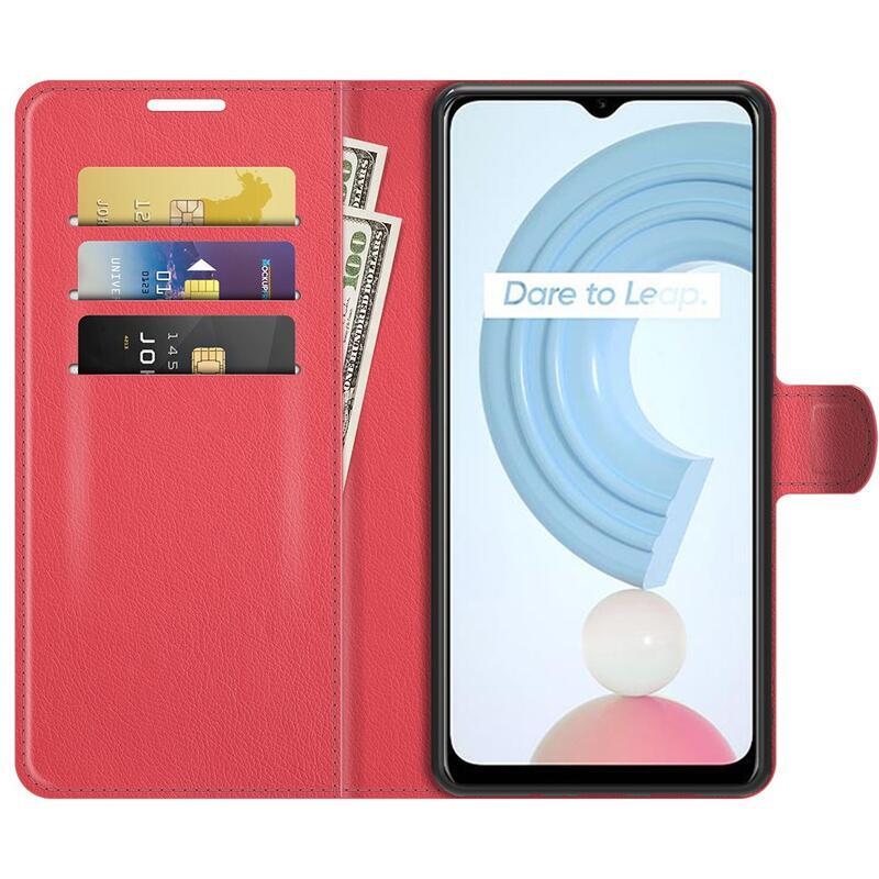 Litchi PU bőr pénztárca tok mobiltelefonhoz Realme C21Y/C25Y - piros