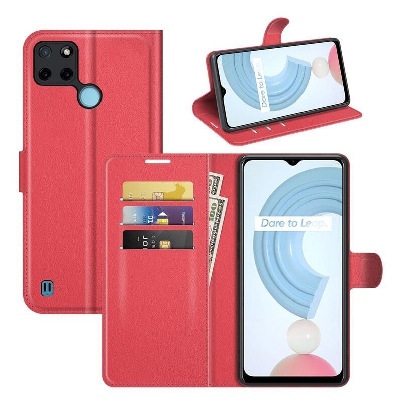 Litchi PU bőr pénztárca tok mobiltelefonhoz Realme C21Y/C25Y - piros